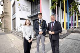 Pictured during a visit to Limavady are (L-R) Finance Minister Caoimhe Archibald, Mayor of Causeway Coast and Glens, Councillor Ciarán McQuillan and Economy Minister Conor Murphy. CREDIT Department for the Economy
