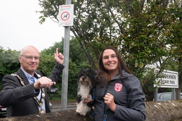 Chair of the Council, Councillor Dominic Molloy is reminding dog owners to Bag It, Bin It this summer. Also pictured is Lisa Marsh, Enforcement Officer. Credit: Mid Ulster District Council