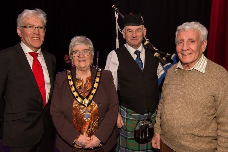 Clyde Johnston; the Deputy Mayor of Mid and East Antrim, Cllr. Beth Adger MBE; John Fittis and Ivan Black at the ‘Peril on the Sea’ performance.
