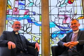 The Moderator of the Presbyterian Church in Ireland, Right Reverend Dr Richard Murray (right), and Reverend Dr Colin McClure, minister of First Larne Presbyterian Church and Clerk of the Presbytery of Carrickfergus, ahead of the Moderator’s tour of the Presbytery.