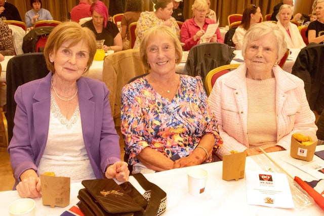 Pictured at the VE Day 80 party are from left, Eleanor Hillis, Joan Boyd and Muriel Farrell. LM19-219.
