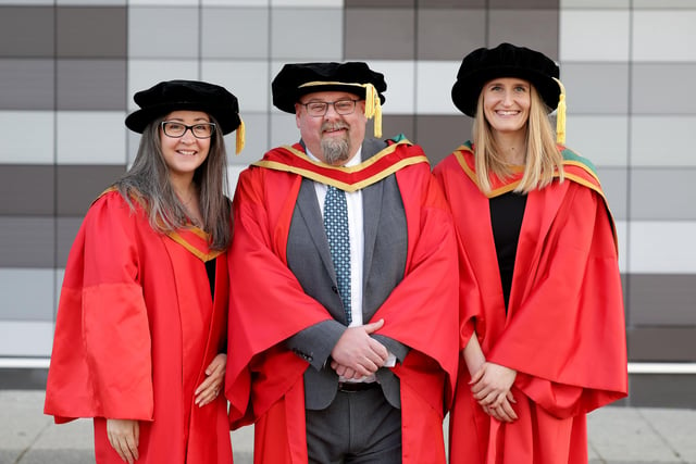 Kirsty Pourshahidi, Chris Gill and Domain Sara from Italy  at the Graduation Winter Ceremony on Wednesday morning.