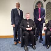 Left to right (standing): Moderator of the Presbyterian Church in Ireland, Right Reverend Dr John Kirkpatrick, President of the Irish Council of Churches, Right Reverend Andrew Forster, and President of the Methodist Church in Ireland, Reverend David Nixon. Seated (left to right) Roman Catholic Archbishop of Armagh and Primate of All Ireland, Most Reverend Eamon Martin, and the Church of Ireland Archbishop of Armagh and Primate of All Ireland, Most Reverend John McDowell