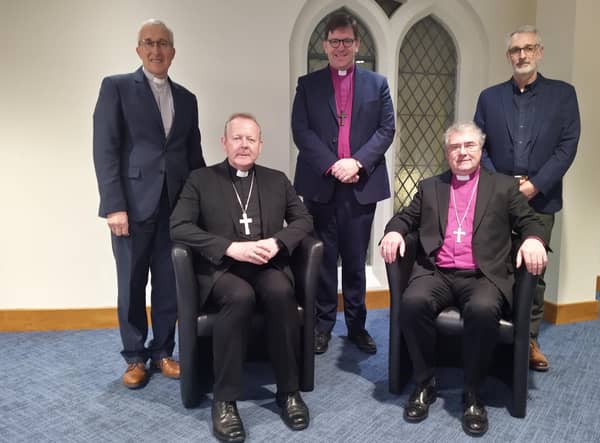 Left to right (standing): Moderator of the Presbyterian Church in Ireland, Right Reverend Dr John Kirkpatrick, President of the Irish Council of Churches, Right Reverend Andrew Forster, and President of the Methodist Church in Ireland, Reverend David Nixon. Seated (left to right) Roman Catholic Archbishop of Armagh and Primate of All Ireland, Most Reverend Eamon Martin, and the Church of Ireland Archbishop of Armagh and Primate of All Ireland, Most Reverend John McDowell