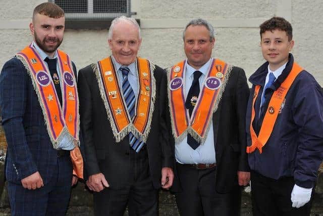 Four generations of the Thompson family in Ferniskey LOL 115 ahead of the Ballymena Twelfth demonstration in 2022.Included are David Thompson (sen), his son David and grand children Matthew and Andrew. Picture: Pacemaker Press