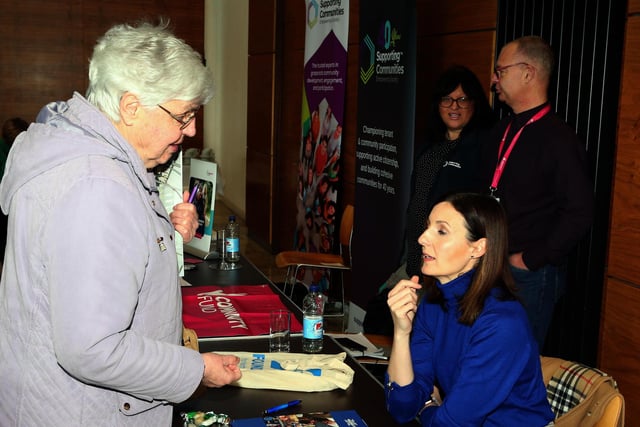 Isobel Dunlop from the Evergreen Club in Ballymoney speaking with Joanne Byrne from the Halifax Foundation NI at the Meet the Funder event organised by Causeway Coast and Glens Borough Council.