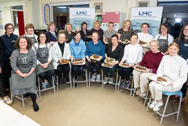 Left to Right, Back Row: Lucy Gabbey (LMC), Emma Brownlee (LMC), Margaret Anderson (LMC Cookery Demonstrator), Hilary Stevenson (LMC Cookery Demonstrator) & Lauren Patterson (LMC). Left to Right, Front Row: Frances Meek & Orla Condon (British Nutrition Foundation) Joined by Dorothee Wagner from CCEA (Centre, Back Row) and 13 post-primary teachers during the LMC Red Meat Teacher Workshop at Banbridge High School.