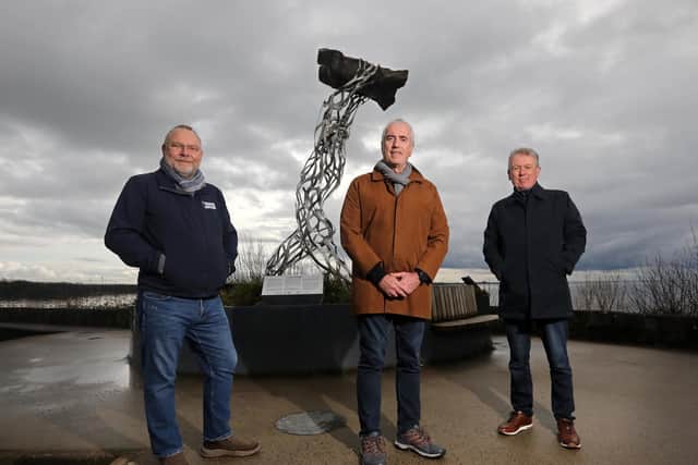 Gerry Darby, Strategic Manager of Lough Neagh Partnership, Michael Browne, Lough Neagh Heritage Plan Coordinator, and Dr Paul Mullan, Director of Northern Ireland at The National Lottery Heritage Fund, launching the Lough Neagh Heritage Resilience Project which has been funded by The National Lottery Heritage Fund. Credit: Jim Corr