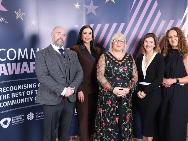 Pictured at the ABC Community Awards are Paul Douglas, The Executive Office; Rebecca McKinney, compere for the evening; Lord Mayor, Councillor Mary O'Dowd; Charlene Stopps, interim Chief Executive and headline sponsor, Joy Overend, Pilgrim's Europe.