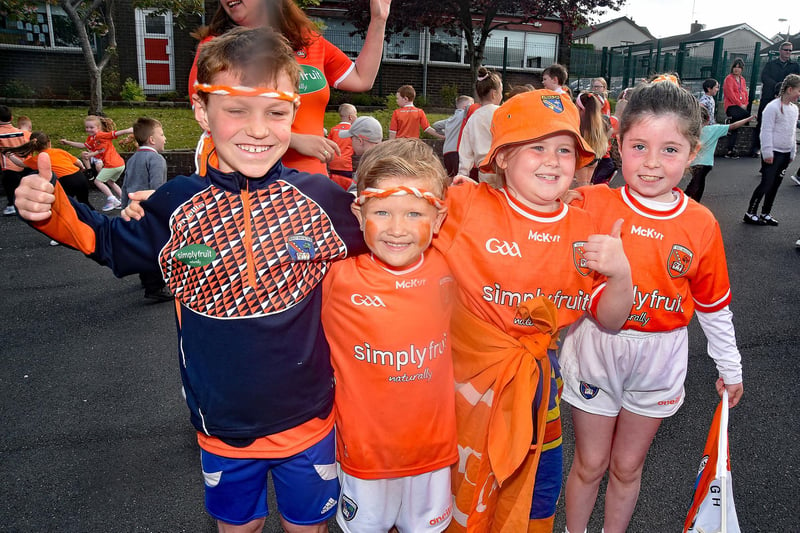 Young Armagh supporters pictured at the St John The Baptist Primary School Armagh Day. PT19-211.