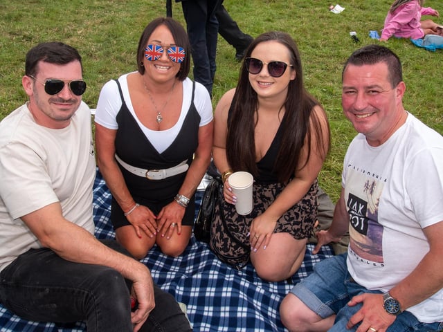 Smiling for the camera at the annual Sham Fight in Scarva are from left, Andrew Currie, Lynn Anderson, Nicole Tipping and Martin Anderson, all from Portadown. TH 124.