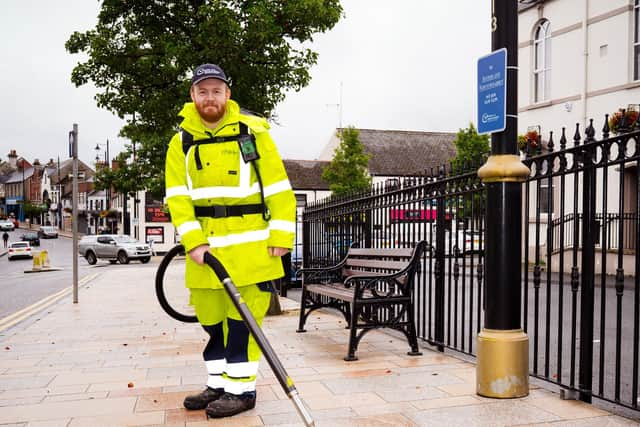 Michael Gourley, Waste Resource Management Supervisor at Antrim and Newtownabbey Borough Council with the new cleansing equipment in action on the streets of Ballyclare. (Pic: Antrim and Newtownabbey Borough Council).