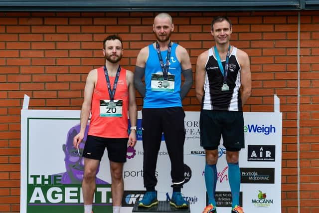 Marathon winners - 1. Gareth King; 2. Stephen Cochrane; 3. Michael Beattie at the Portadown Festival of Running 2023.  Picture: Mervyn McKeown