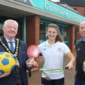 Mayor of Causeway Coast and Glens, Councillor Steven Callaghan, Rachel Bradley, GB Rowing Team, and Stephen McCartney, Council’s Sports Development Manager. Credit Causeway Coast and Glens Council