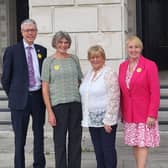 Pictured are (left) Brian Grzymek Volunteer, Dr Carol McClenahan Trustee, Margaret Dimsdale-Bobby Chair, and Tara Cunningham, Policy and Public Affairs, Causeway Coast Dog Rescue. Credit Causeway Coast Dog Rescue