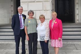 Pictured are (left) Brian Grzymek Volunteer, Dr Carol McClenahan Trustee, Margaret Dimsdale-Bobby Chair, and Tara Cunningham, Policy and Public Affairs, Causeway Coast Dog Rescue. Credit Causeway Coast Dog Rescue