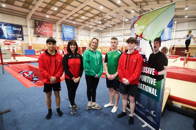 Chester Enriquez, U16 2023 Welsh Open Champion; Mandy McMaster, CEO at Salto; Robyn Hastings, Chair of Gymnastics NI; Ewan McAteer, Irish International Gymnast and Michael Carson-Maguire, U18 2023 Welsh Open Silver Medallist.  Picture: Presseye
