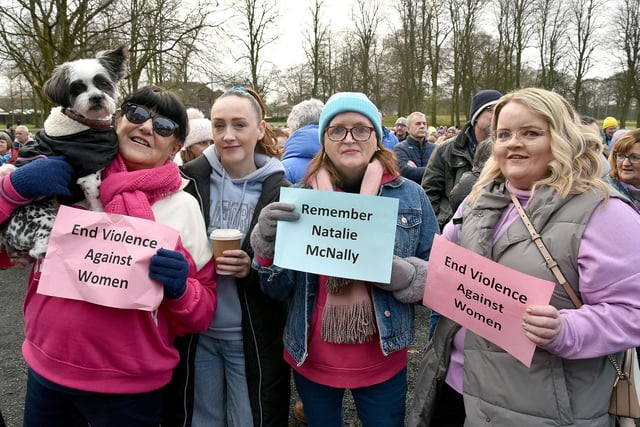 Remembering Natalie McNally at the vigil in Lurgan Park on Saturday are from left, Helen McCann and her dog 'Luna', Sarah Reilly, Donna Reilly and Paula Callaghan. LM05-208.