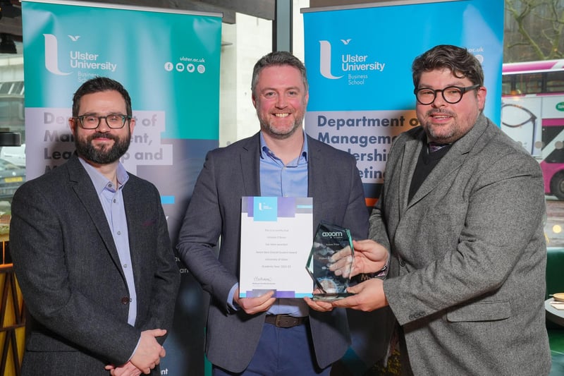 (L-R) Mark McCrory, Executive MBA course director, Vincent O'Brien and Charlie Massey, Axiom. Vincent, from Hillsborough, who graduated with an Executive MBA, won the Axiom Prize for highest achieving student.