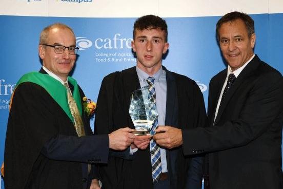 Ian Kennedy (Collone) received the Department of Agriculture, Environment and Rural Affairs Prize at the Greenmount Campus Graduation Ceremony. The prize was awarded to the top student on the Level 3 Advanced Technical Extended Diploma in Agriculture course by Martin McKendry (CAFRE Director) and Cormac McKervey (Head of Agriculture, Ulster Bank and Guest Speaker).