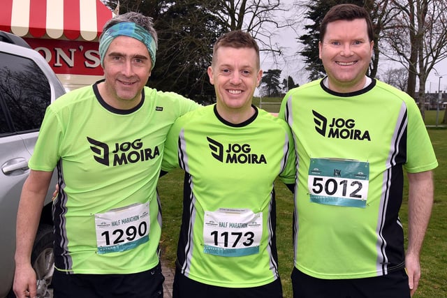 Jog Moira Running Club members, Steven McIntyre, Stuart Dickinson and Oliver McKeown preparing for the Portadown half marathon on Sunday morning. PT11-217.
