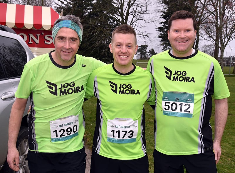 Jog Moira Running Club members, Steven McIntyre, Stuart Dickinson and Oliver McKeown preparing for the Portadown half marathon on Sunday morning. PT11-217.