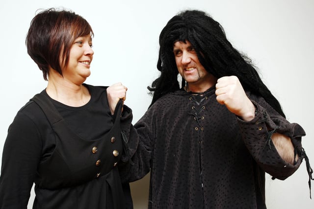 Evil Abanazer (Leroy Dempster) grabs Aladdin (Noeleen McAuley) during rehearsals for the Coleraine Provincial Players' production of Aladdin back in 2011