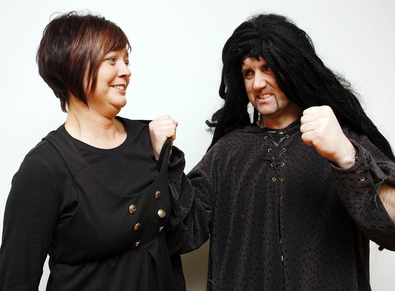 Evil Abanazer (Leroy Dempster) grabs Aladdin (Noeleen McAuley) during rehearsals for the Coleraine Provincial Players' production of Aladdin back in 2011