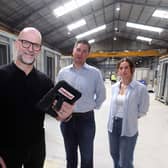 Oakleaf Commercial Manager Nigel McCarthy (centre) is pictured onsite at the new factory with colleagues John Desbourough and Darcie Whitehead. Credit: Ian Cooper Photography