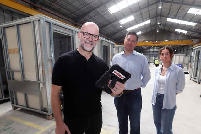 Oakleaf Commercial Manager Nigel McCarthy (centre) is pictured onsite at the new factory with colleagues John Desbourough and Darcie Whitehead. Credit: Ian Cooper Photography