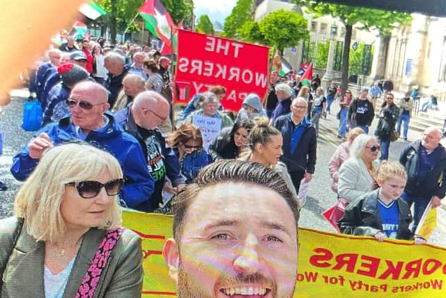 A section of the Workers Party comrades celebrating International Workers’ Day at the rally and march in Belfast on Saturday.