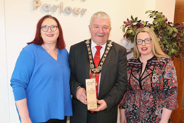 Linda McKendry, CO3 leadership award 2022 for Covid champion and senior management team at CAN with Danielle McKee pictured with Cllr Ivor Wallace Mayor of Causeway Coast and Glens Borough Council at a civic reception at council headquarters in Coleraine