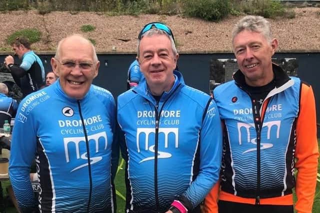 Dromore Cycling Club recently celebrated its 10th Anniversary. Pictured is Maurice Harkness, Club Chairman David Adair and Dave Burnside