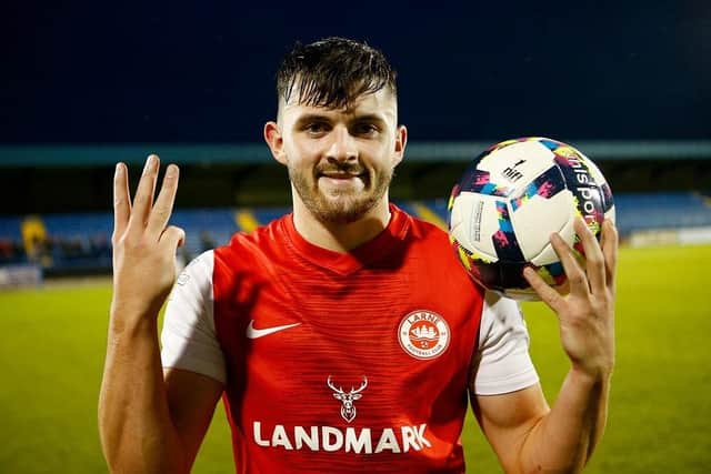 Lee Bonis brought the match ball home after his hat-trick at Mourneview Park. (Pic: Pacemaker).