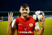 Lee Bonis brought the match ball home after his hat-trick at Mourneview Park. (Pic: Pacemaker).