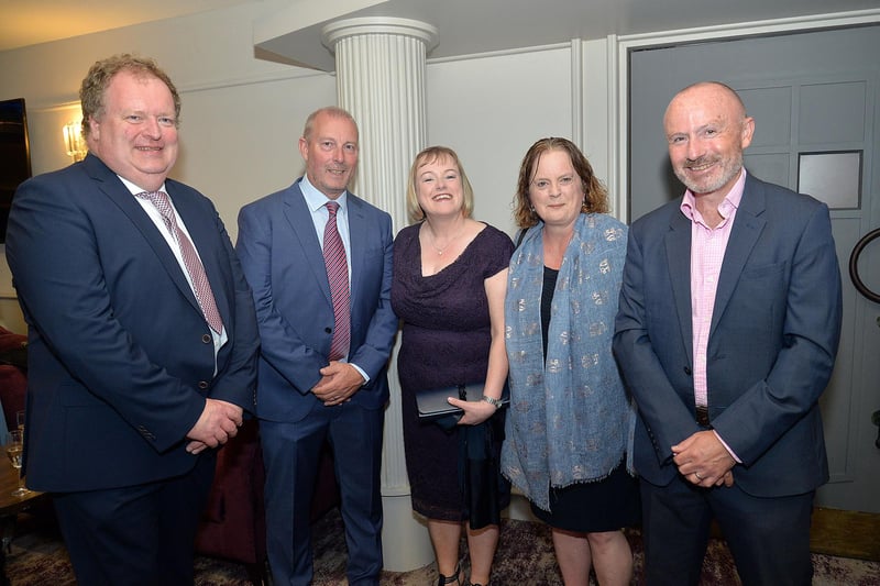 Guests who attended the Lurgan College 150th annversary dinner at the Seagoe Hotel on Friday including from left, Rev David Lockhart, Paul Wilson, Diane McClelland, former Deputy Head Girl; Denise Turner, former Head Girl; and Dr Andrew Sands, former Head Boy. LM25-207.