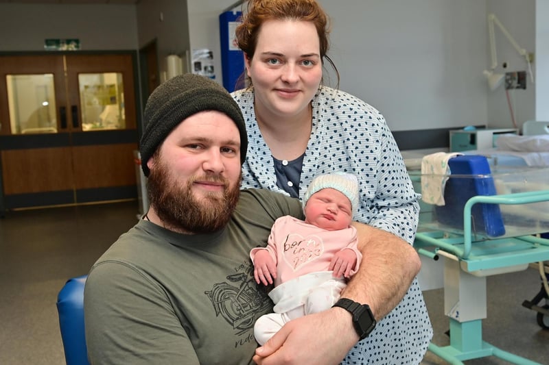 Newborn baby girl, Lillie Rea Beggs who arrived at 12.54am on New Year's Day weighing 71b 11oz at Antrim Area Hospital.  She is pictured with proud parents Simon and 
Emma from Larne. Picture: Colm Lenaghan / Pacemaker