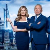 Sir Alan Sugar flanked by fellow Apprentice judges Baroness Brady and Tim Campbell
