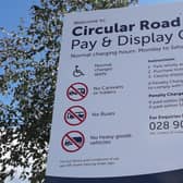 The notice explaining parking fees at the Circular Road East car park in Larne.  Picture: Local Democracy Reporting Service.