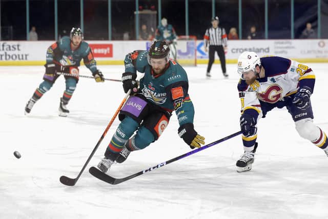 Belfast Giants' #8 Lewis Hook in action against the Guildford Flames