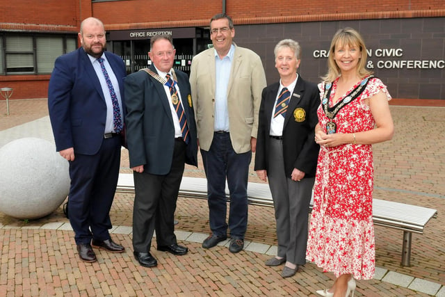 Lord Mayor of Armagh City, Banbridge and Craigavon, Councillor Margaret Tinsley  with Lurgan Bowling Club President Neill Sloan, Past President Irene Cunningham, Alderman Mark Baxter and Alderman Stephen Moutray. 