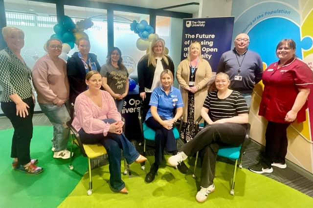 Some of the nursing students at the event with Roisin Devlin (Assistant Director of Nursing & Midwifery Regulation, Workforce Planning & Education, South Eastern Trust), Paul Carlin (Open University) & Joanne Fitzsimons (Practice Education Facilitator, South Eastern Trust). Pic credit: SEHSCT