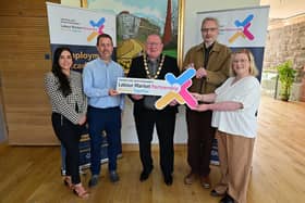 (left to right) Charlene Earley and Chris Ward from Workforce Training Services; The Mayor, Councillor Neil Kelly; Eugene McGrath, SIA Academy Participant and Jessica Smyth from Antrim and Newtownabbey Borough Council.