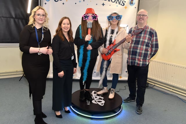 Pictured at the 360 degree camera in the Drama department during the Craigavon Senior High School open night are from left, Drama teachers, Claire McCullough and Beth Hand, Molly Bell, Tandragee Junior High School, Sarah and Andrew Steele, Premier Pix 360 Photo Booth. PT04-214.