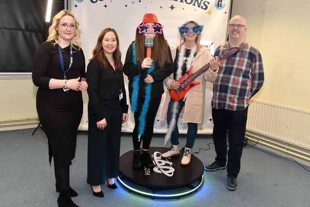 Pictured at the 360 degree camera in the Drama department during the Craigavon Senior High School open night are from left, Drama teachers, Claire McCullough and Beth Hand, Molly Bell, Tandragee Junior High School, Sarah and Andrew Steele,  Premier Pix 360 Photo Booth. PT04-214.