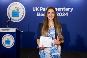 Lagan Valley Alliance candidate, Sorcha Eastwood, wins the seat with a vote of 18,6187 at the UK general election count at South Lake Leisure Centre, Craigavon. Photo by Philip Magowan / Press Eye