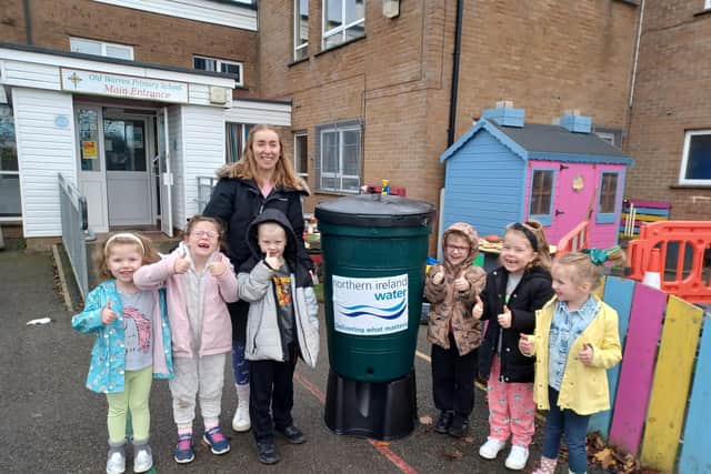 Pupils from Old Warren Primary School with their new Waterbutt