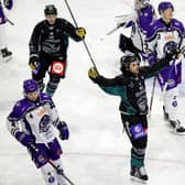 Belfast Giants’ Quinn Preston celebrates scoring against the Glasgow Clan during Saturday night’s EIHL game at the SSE Arena, Belfast.   Photo by William Cherry/Presseye