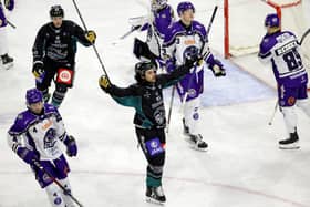 Belfast Giants’ Quinn Preston celebrates scoring against the Glasgow Clan during Saturday night’s EIHL game at the SSE Arena, Belfast.   Photo by William Cherry/Presseye