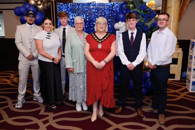 L to R Evo Larkin, Sorcha O’Hanlon (Senior Youth Worker, DDYWP), Liam Black, Anne Carr (IFI Board Member), Lord Mayor Cllr Mary O’Dowd, Dara Breen, and Barry McCrory (Chairperson, DDYWP)